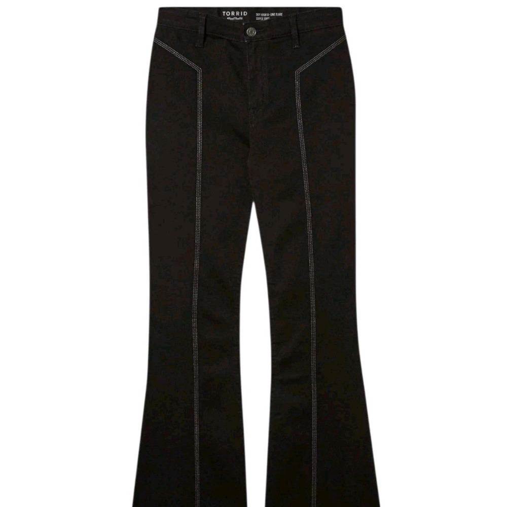 Torrid Sky High A-Line Flare Jeans Black Front Embroidered Seam Plus Size 24T